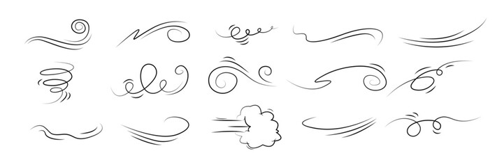 Simple doodle wind line drawing set. Vector sketch of wind in motion, air blow and swirl elements. Air blow motion, smoke flow art, abstract line for cards, logo design, web, social media and posters