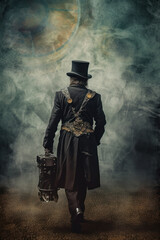 steampunk man walking away in the fog. Wearing a top hat and suite.