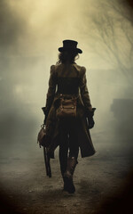 Fototapeta na wymiar mysterious steampunk woman wearing a top hat.