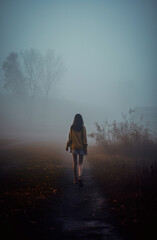 minimalist teen girl walking away in the foggy early morning rural area. 