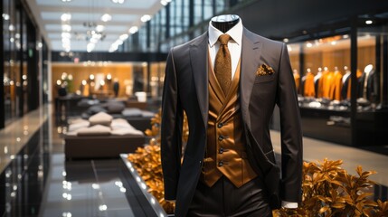 A suit in a luxury fashion clothing display counter