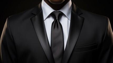 Front view of torso in elegant business suit. Isolated over black background, copy space
