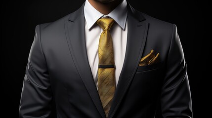 Front view of torso in elegant business suit. Isolated over black background, copy space
