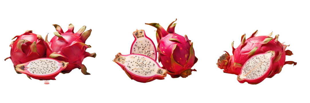 Red pitaya fruit from mandacaru cactus with white hoops on transparent background