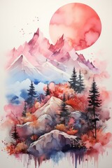 Mountain Peaks minimalist watercolor landscape art