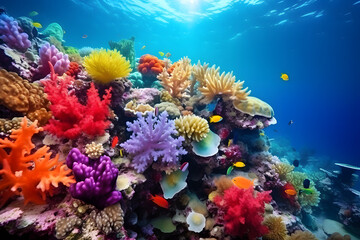 Multi colored coral and soft coral in reef