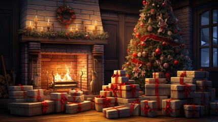 christmas tree with christmas gift stack in a cozy living room setting, with a warm fireplace glowing in the background, evoking the holiday spirit