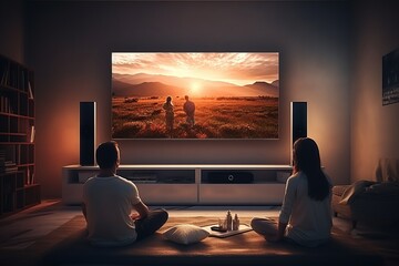 a couple sitting in front of a huge flat screen television in the living-room in the evening watching a movie spending leisure time together