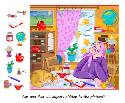 Can you find 12 objects hidden in the picture? Logic puzzle game for children and adults. An old woman looks in autumn window and dreams. Educational page for kids. Vector cartoon illustration.