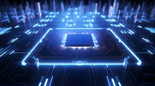 Microchip glowing in Navy Blue Colors. Technological and Futuristic Background