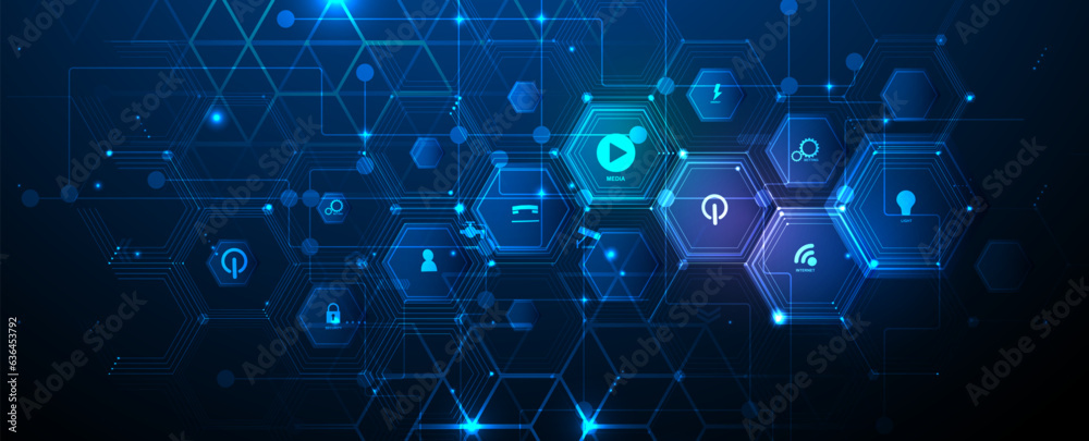Wall mural technology banner design with hexagons abstract background.