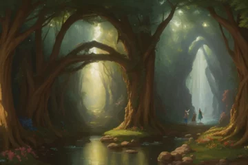 Wall murals Fairy forest A path in a fabulous fairy tale forest, the vine in the middle of fantasy fairy tale forest fantasy garden background generative ai vector painting art illustration.  