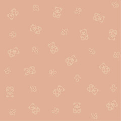 Vector illustration of a seamless pattern with baby teddy bears and pacifiers in warm colors for textile or package design, figures in random order