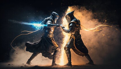 Fantasy fight between two knights. Generative AI - obrazy, fototapety, plakaty