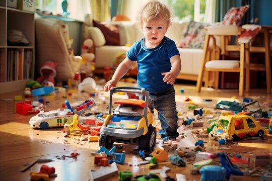 A Playful Hyperactive Cute White Toddler Cleaning Up The Toys After Misbehaving And Making A Huge Mess In A Living-room, Throwing Around Things And Shredding Paper. Studio Light.