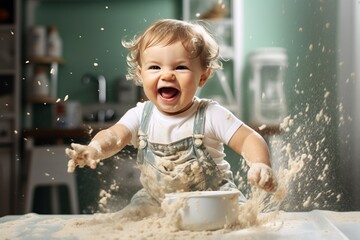 a playful hyperactive cute white toddler child misbehaving and making a huge mess in a kitchen,...