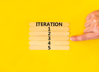 Time to iteration 3 symbol. Concept word Iteration 1 2 3 4 5 on wooden sticks. Businessman hand. Beautiful yellow table yellow background. Business planning and time to iteration 3 concept. Copy space