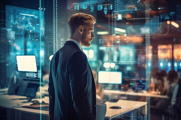 Fototapeta premium A businessman standing in the Modern neon cyberpunk open space office interior blurred with information technology overlay. Corporate strategy for finance, operations, marketing