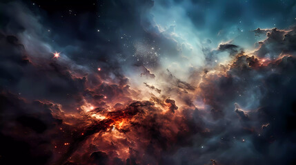 Naklejka premium Space scene with stars, planets and asteroids in the galaxy. Panorama. Universe filled with stars, planets, asteroids, nebula and galaxy. Cosmic dust and fog. Generative AI technology.