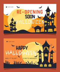 Halloween background with castle and pumpkin re opening banner