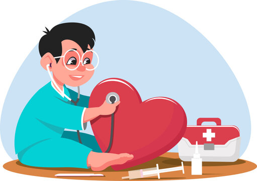 Little boy plays doctor with doctors toy items. Little doctor listens to big toy heart. Stock vector illustration