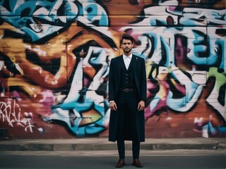 Smartly dressed man standing in front of a graffiti covered wall