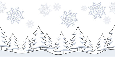 Obraz premium Winter landscape of fir trees and snowflakes on a white background. Black outline. Seamless border. Christmas vector illustration.