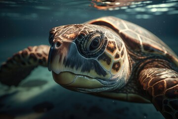 close up turtle swimming in the sea. Generative AI