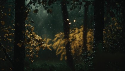 Light moody rain in forest. Generative AI
