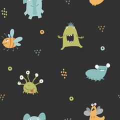 Cute monsters seamless pattern. Cartoon monsters background. Vector illustration