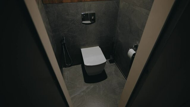Modern interior. Toilet. Bide. Refined style. Illumination. A room with stylish tiles and a ceramic toilet.