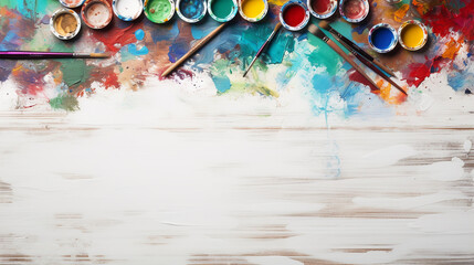 Fototapeta premium Generative AI, artist's workshop, brushes, palette, strokes, oil, paper, space for text, top view, table for creativity, art, drawing, watercolor, gouache, colorful bright paints