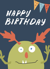 Cute monster birthday greeting card. Vector illustration