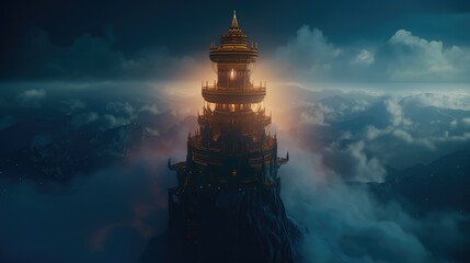 Wizard tower glowing above sky. Generative AI - obrazy, fototapety, plakaty