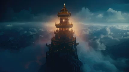 Deurstickers Wizard tower glowing above sky. Generative AI © Sapan