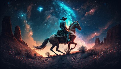horse and rider on a fantasy night. Generative AI - obrazy, fototapety, plakaty