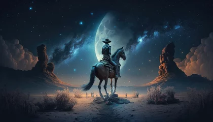 Foto op Canvas Cowboy on a horse on a starry night. Generative AI © Sapan