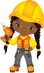 Vector Cute African African Girl Holding Drill. Vector Construction Girl 