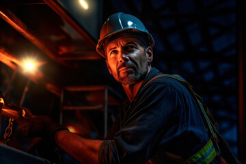 Obraz na płótnie Canvas Portrait of USA workman in uniform and safety helmet at International Labor Day