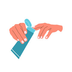 Hands smear cream on their fingers. Body and face care. Vector stock illustration. isolated. White background. Leather. Health