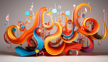 modern multicolor music background with abstract structure and musical notes, futuristic and surreal sound sculpture with curved shapes