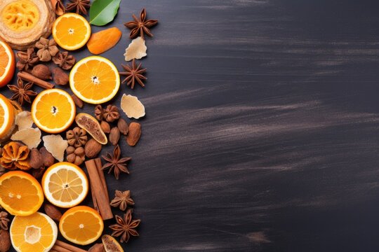 Autumn Background With Candied Oranges Nuts and Spice