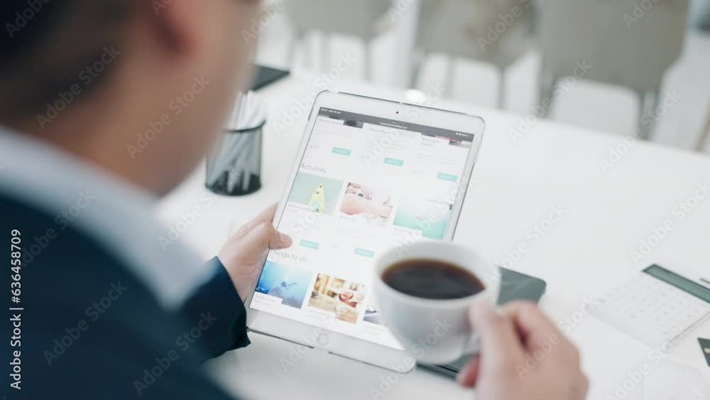 Poster business person, drinking coffee and tablet screen in office while browsing media tr website. profes