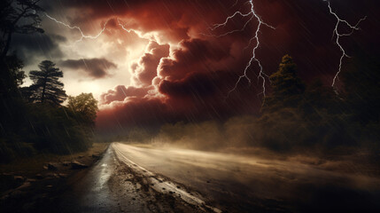 stormy scene on a deserted road with a sky filled with dark clouds and lightning bolts, a wet road with foggy mist rising, tall, dark trees on the side, conveying a sense of danger and eeriness.