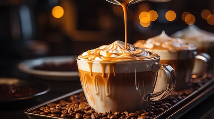 Close-up of coffee with cream prepared by the barista