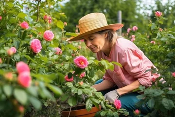 Foto op Canvas Woman working with roses in the garden © Alexandra Selina