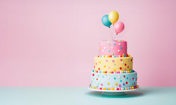 Tiered birthday cake decorated with balloons