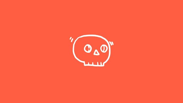 4K looped animation. Alpha channel. Handdrawn doodle set of stickers. Halloween. Line art white human skull icon with crown on pink background. Cartoon style. Concept of holiday, horror, humor. Loop