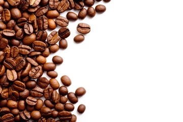 Naklejka premium Closeup of roasted coffee beans isolated on white background - copy space for text
