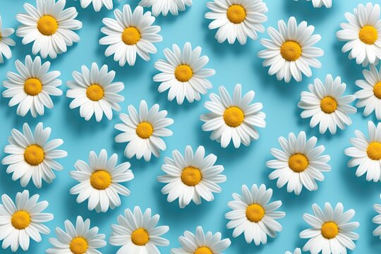 chamomile Flower background. White daisies on a blue background, flat layout and selective focus.